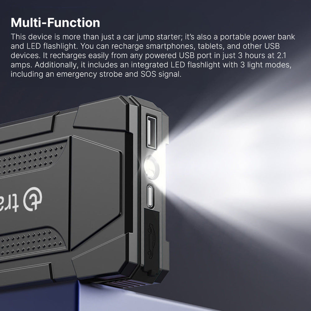 Portable UltraSafe Smart Jump Starter & Power Bank with Emergency Multimode Flash light for Cars and Trucks with 5.0L Gasoline and 2.0L Diesel Engines