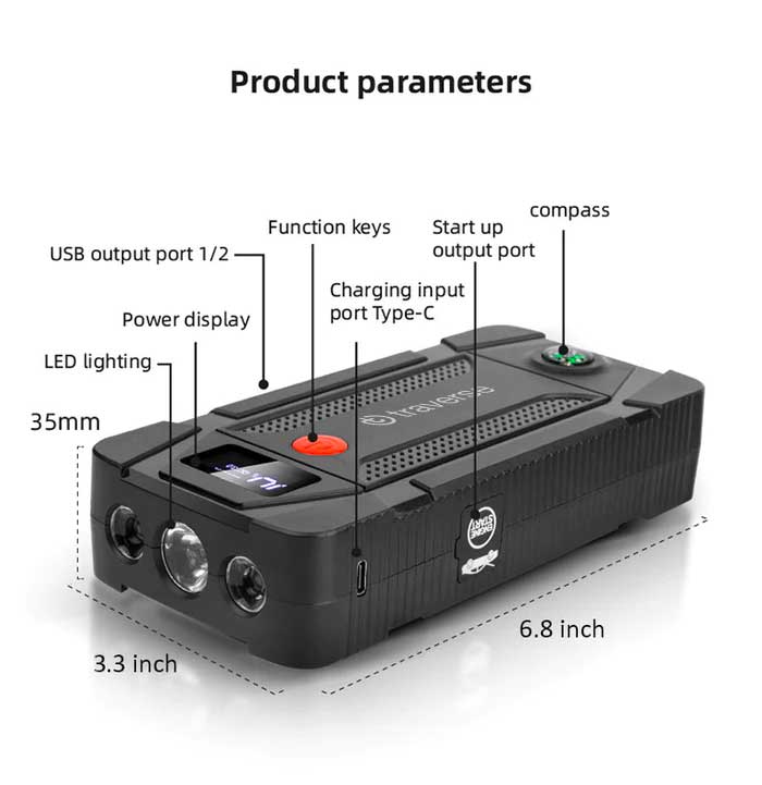 Portable UltraSafe Smart Jump Starter & Power Bank with Emergency Multimode Flash light and compass for Cars and Trucks  6.0L Gasoline and 3.0L Diesel Engines