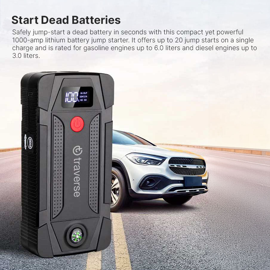 Portable UltraSafe Smart Jump Starter & Power Bank with Emergency Multimode Flash light and compass for Cars and Trucks  6.0L Gasoline and 3.0L Diesel Engines