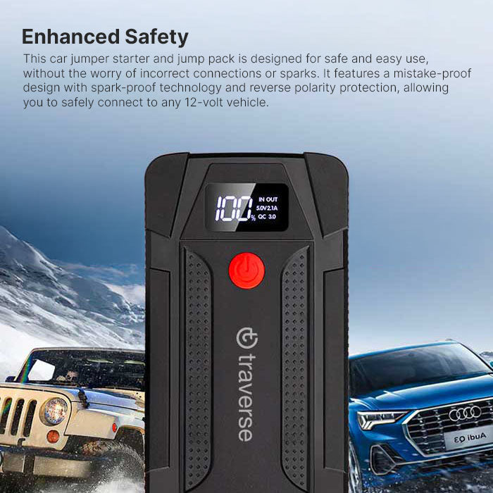 Portable UltraSafe Smart Jump Starter & Power Bank with Emergency Multimode Flash light and compass for Cars and Trucks  6.0L Gasoline and 3.0L Diesel Engines