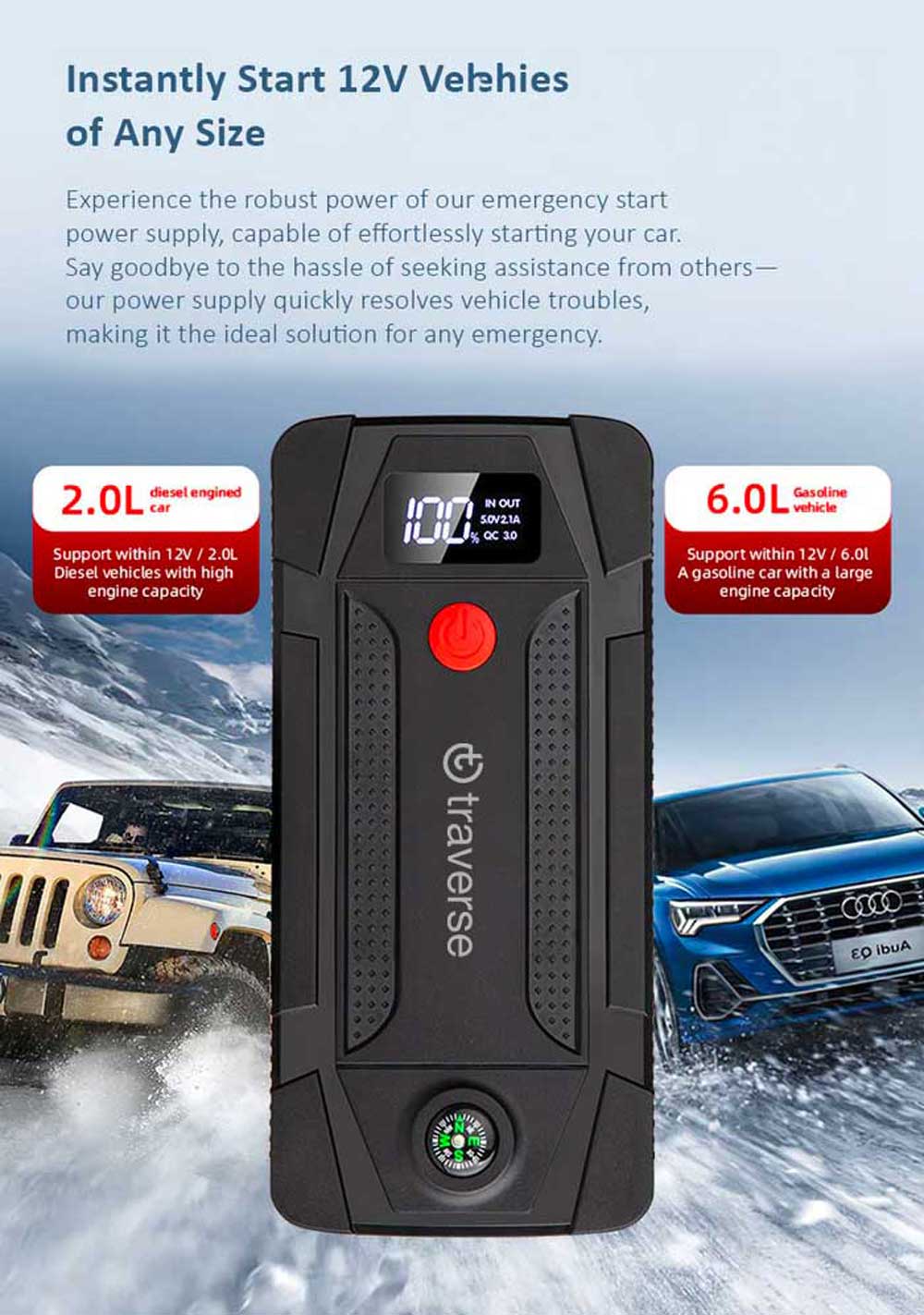 1000A Peak 12V Car Jump Starter with LCD Display