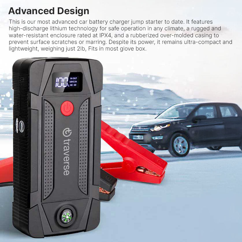 Portable UltraSafe Smart Jump Starter & Power Bank with Emergency Multimode Flash light and compass for Cars and Trucks  6.0L Gasoline and 3.0L Diesel Engines