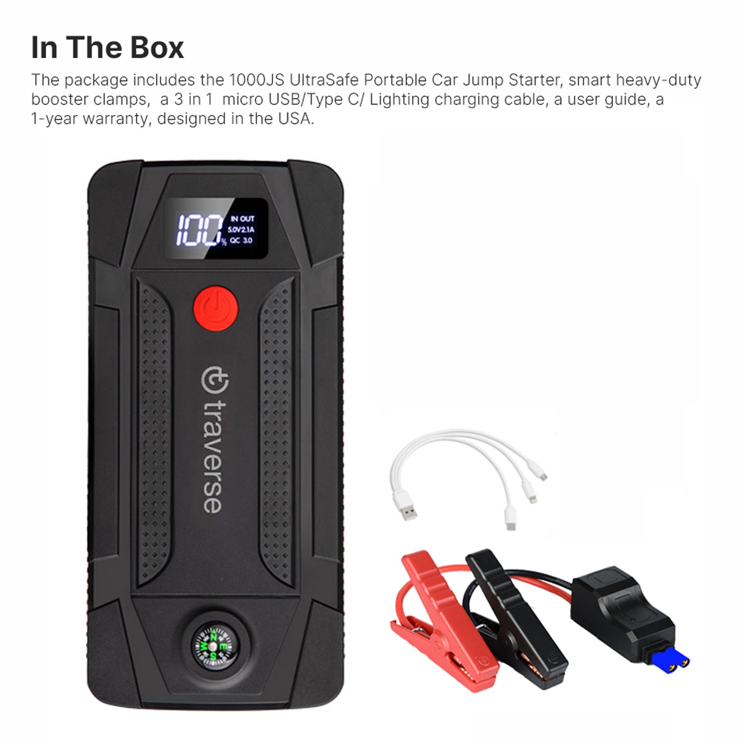 Portable UltraSafe Smart Jump Starter & Power Bank with Emergency Multimode Flash light and compass for Cars and Trucks  6.0L Gasoline and 3.0L Diesel Engines